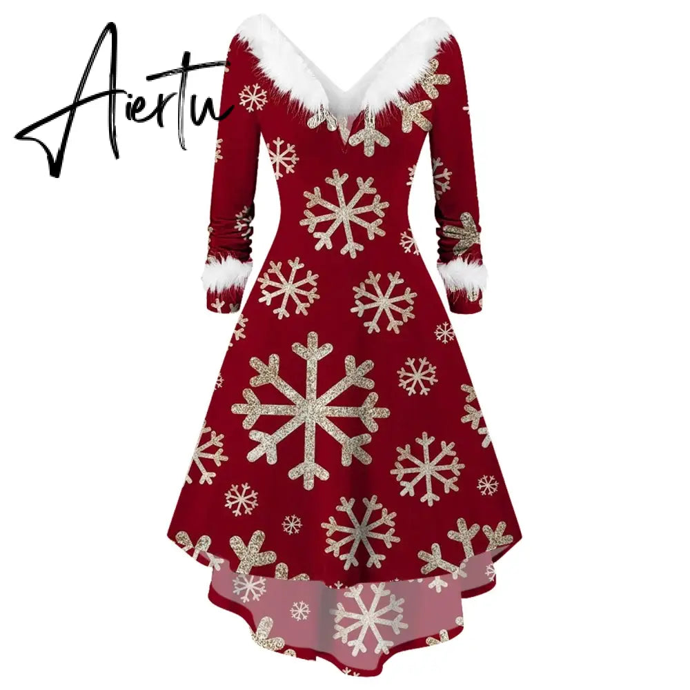 Winter Women Christmas Dress Faur Fax Collar Long Sleeves Cocktail Party Dress Xmas New Year Evening Flowy Elegant Prom Dresses Aiertu