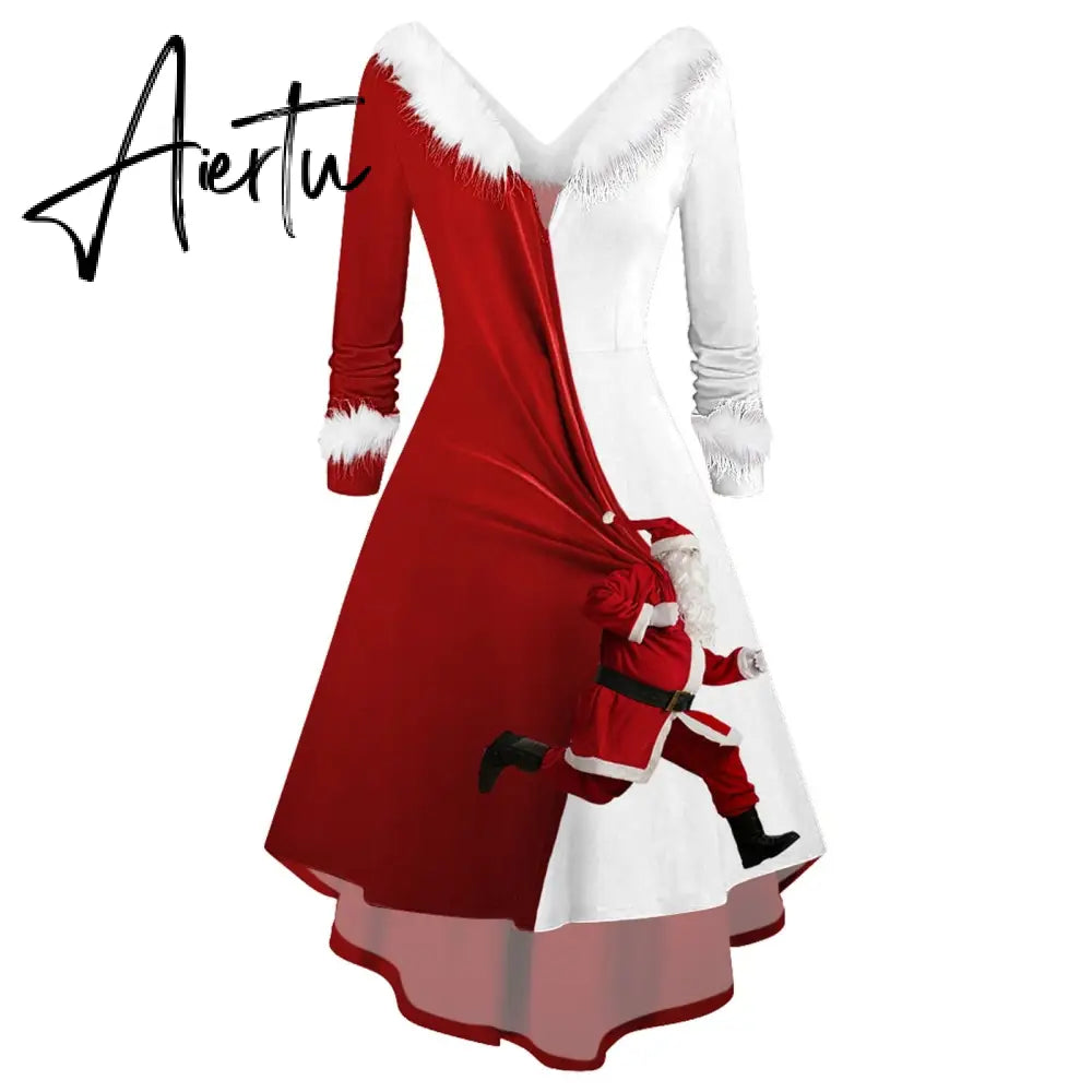 Winter Women Christmas Dress Faur Fax Collar Long Sleeves Cocktail Party Dress Xmas New Year Evening Flowy Elegant Prom Dresses Aiertu