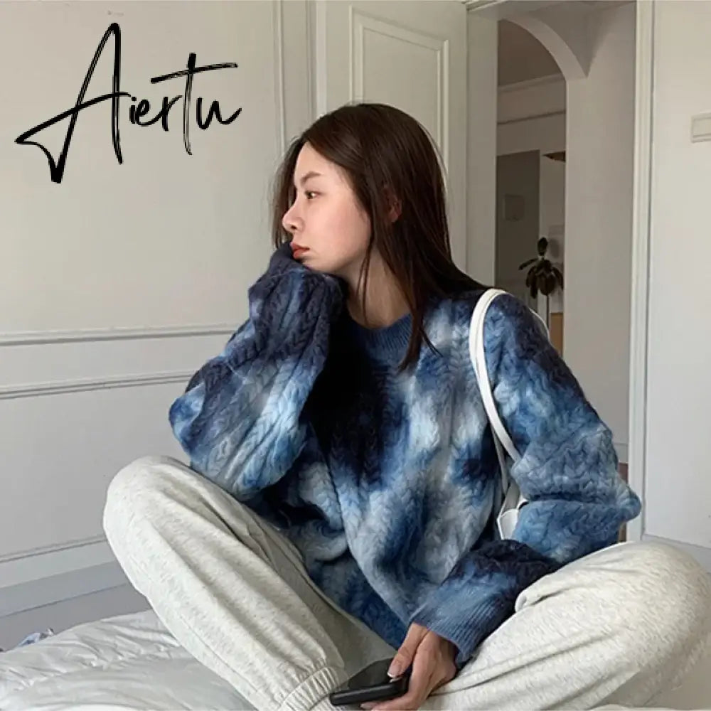 Winter Women Purple Sweater Crew Neck Twist Tie Dye Korean Fashion Lazy Wind Loose New Pullover Long Sleeves Knitting Tops Aiertu