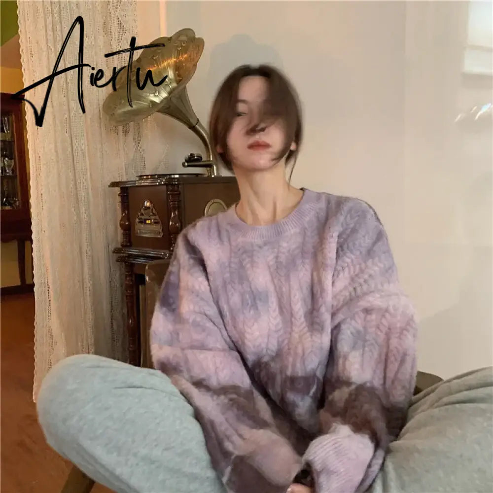 Winter Women Purple Sweater Crew Neck Twist Tie Dye Korean Fashion Lazy Wind Loose New Pullover Long Sleeves Knitting Tops Aiertu