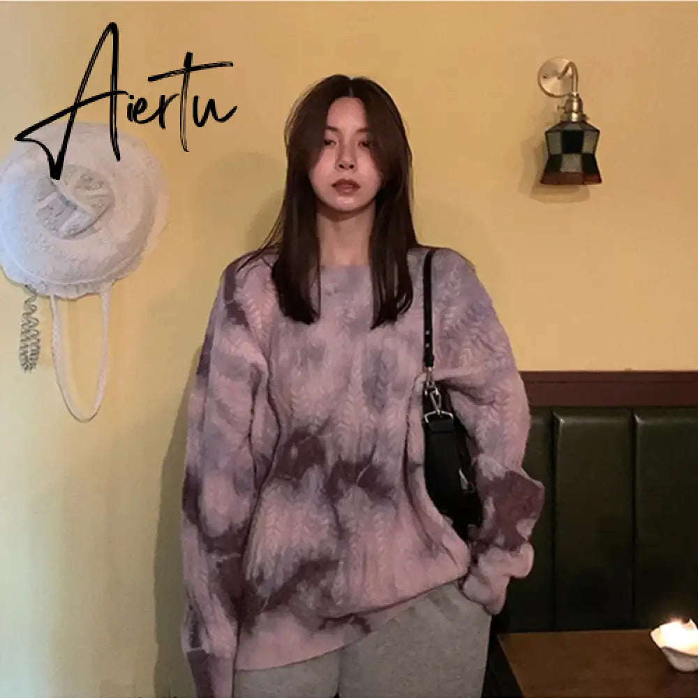 Winter Women Purple Sweater Crew Neck Twist Tie Dye Korean Fashion Lazy Wind Loose New Pullover Long Sleeves Knitting Tops Aiertu