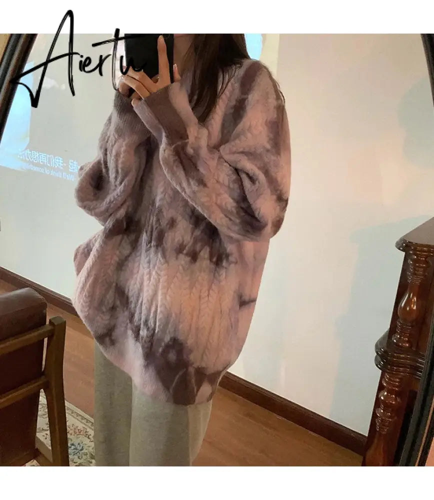 Winter Women Purple Sweater Crew Neck Twist Tie Dye Korean Fashion Lazy Wind Loose New Pullover Long Sleeves Knitting Tops Aiertu