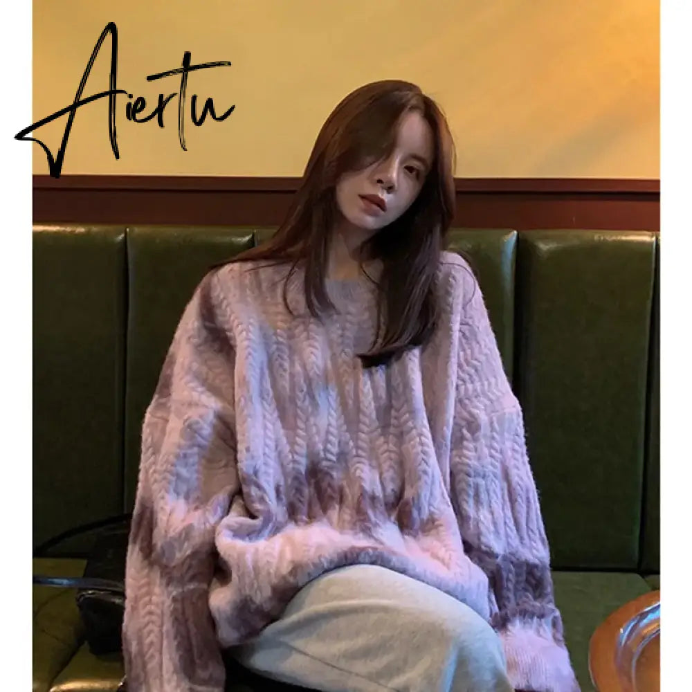 Winter Women Purple Sweater Crew Neck Twist Tie Dye Korean Fashion Lazy Wind Loose New Pullover Long Sleeves Knitting Tops Aiertu