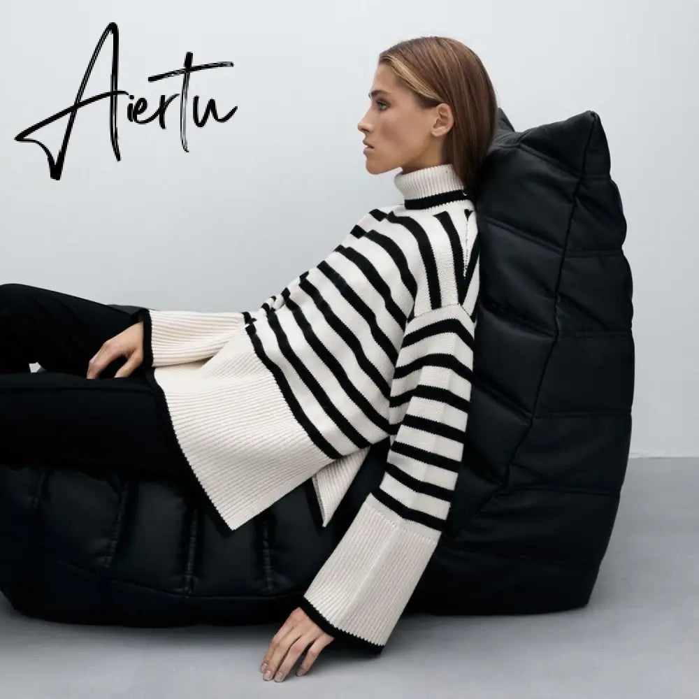 Winter Women’s Long Sleeves Knit Sweater Turtleneck Striped Print Loose Pullover Tops New Autumn Oversized Sweater Aiertu