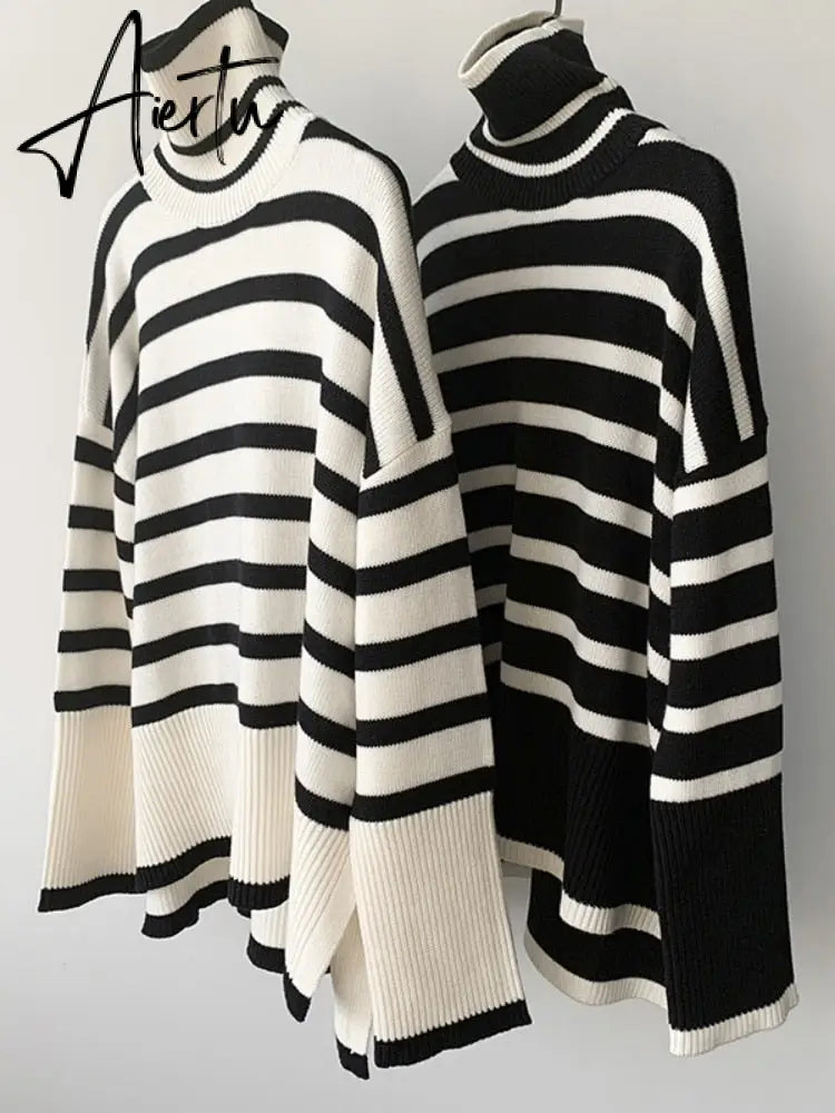 Winter Women’s Long Sleeves Knit Sweater Turtleneck Striped Print Loose Pullover Tops New Autumn Oversized Sweater Aiertu