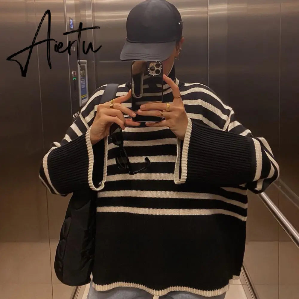 Winter Women’s Long Sleeves Knit Sweater Turtleneck Striped Print Loose Pullover Tops New Autumn Oversized Sweater Aiertu