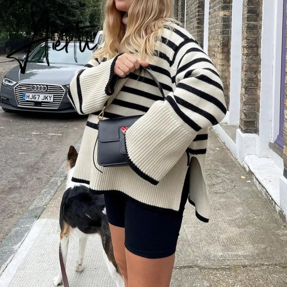 Winter Women’s Long Sleeves Knit Sweater Turtleneck Striped Print Loose Pullover Tops New Autumn Oversized Sweater Aiertu