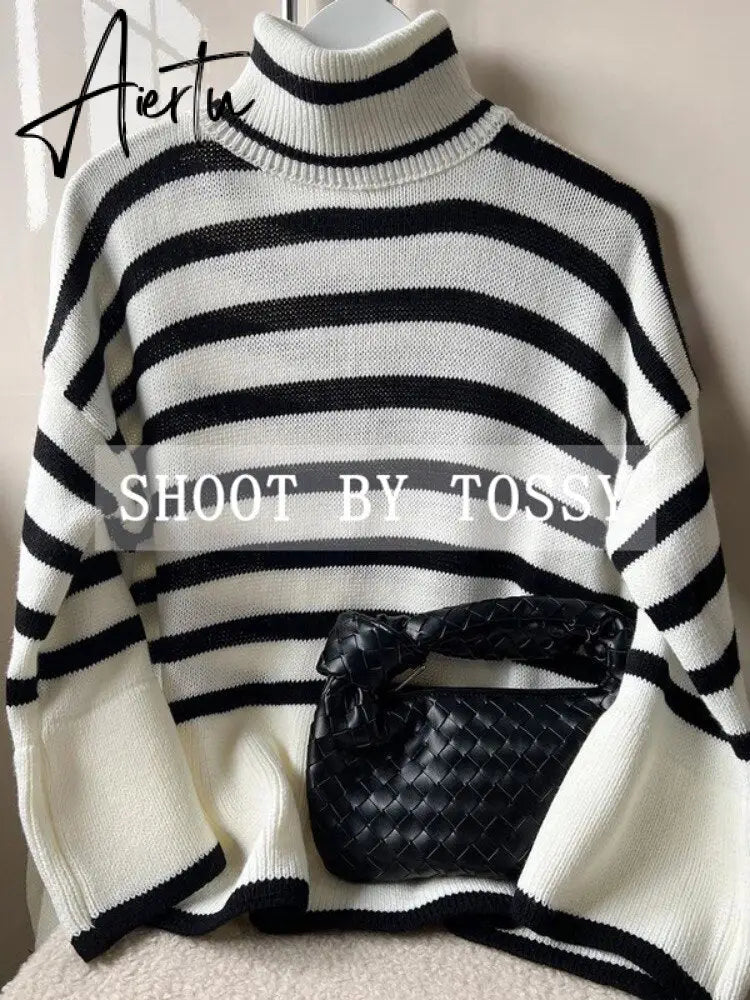 Winter Women’s Long Sleeves Knit Sweater Turtleneck Striped Print Loose Pullover Tops New Autumn Oversized Sweater Aiertu
