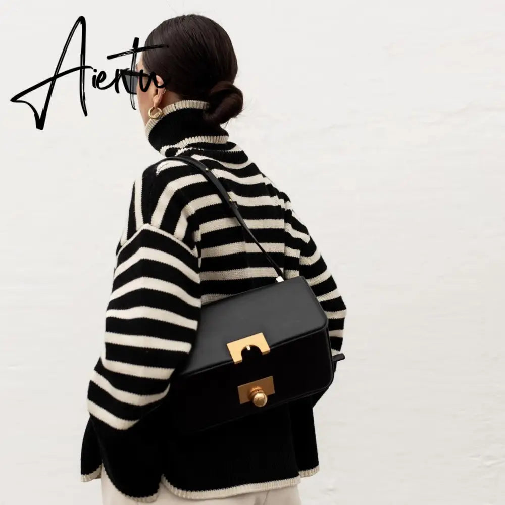 Winter Women’s Long Sleeves Knit Sweater Turtleneck Striped Print Loose Pullover Tops New Autumn Oversized Sweater Aiertu