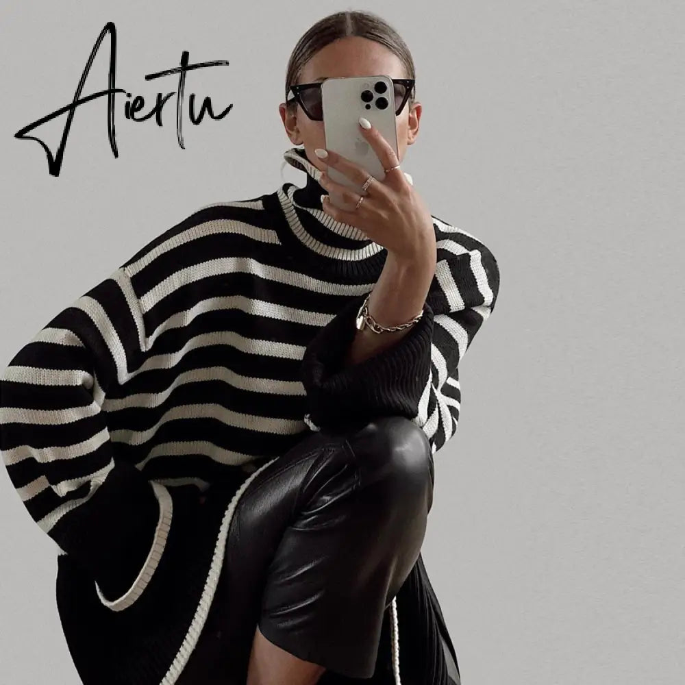 Winter Women’s Long Sleeves Knit Sweater Turtleneck Striped Print Loose Pullover Tops New Autumn Oversized Sweater Aiertu