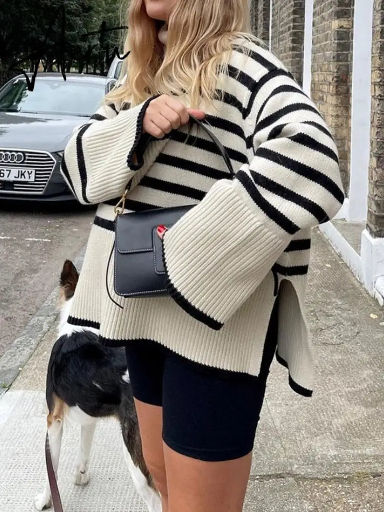 Winter Women’s Long Sleeves Knit Sweater Turtleneck Striped Print Loose Pullover Tops New Autumn Oversized Sweater Aiertu