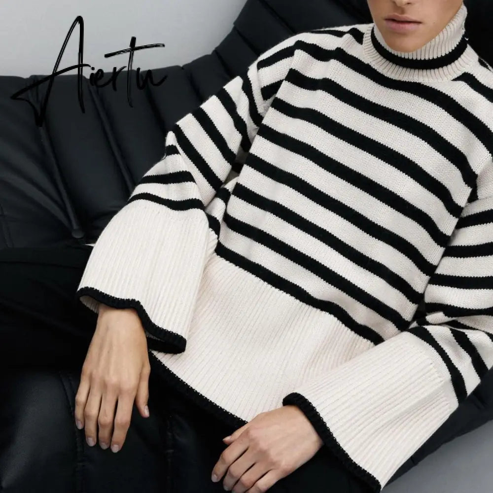 Winter Women’s Long Sleeves Knit Sweater Turtleneck Striped Print Loose Pullover Tops New Autumn Oversized Sweater Aiertu