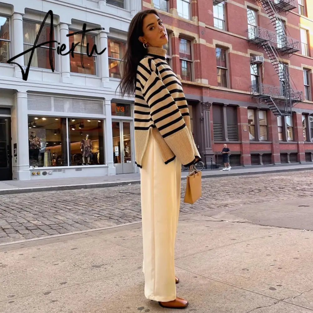 Winter Women’s Long Sleeves Knit Sweater Turtleneck Striped Print Loose Pullover Tops New Autumn Oversized Sweater Aiertu