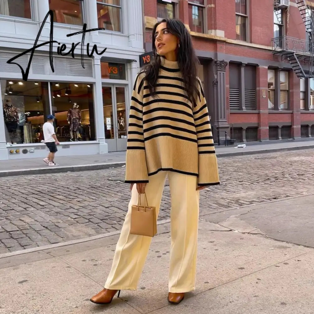 Winter Women’s Long Sleeves Knit Sweater Turtleneck Striped Print Loose Pullover Tops New Autumn Oversized Sweater Aiertu