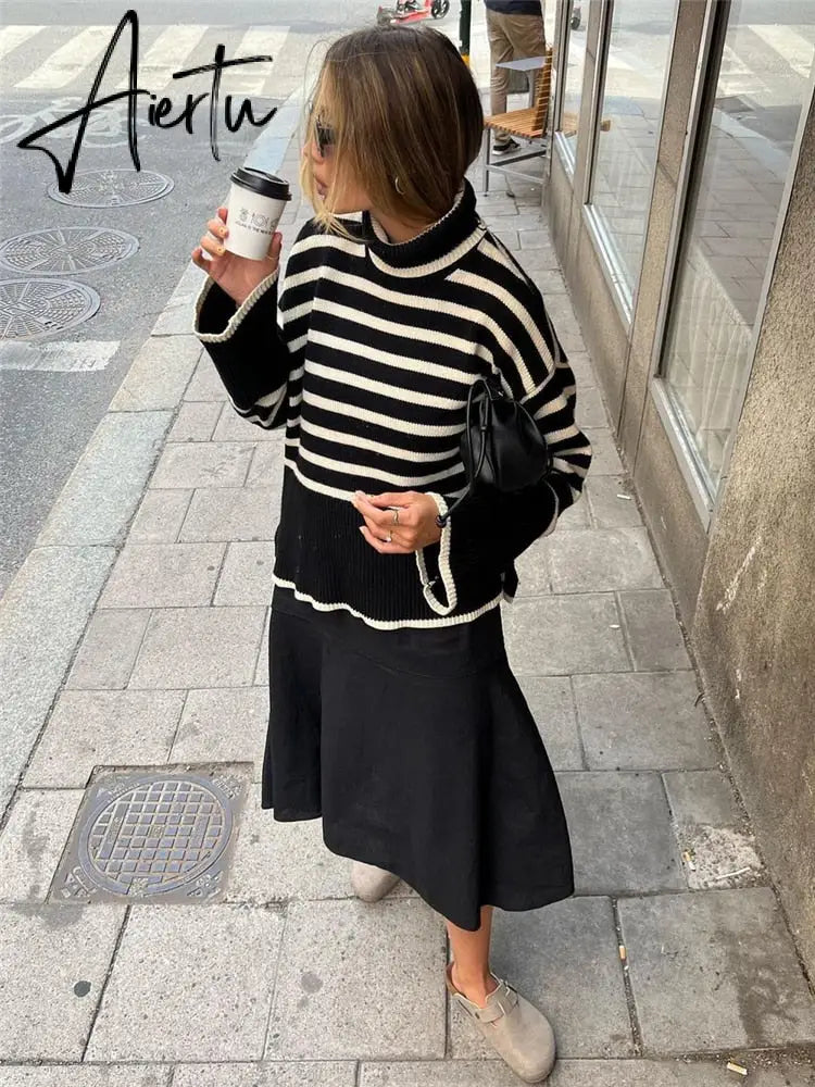 Winter Women’s Long Sleeves Knit Sweater Turtleneck Striped Print Loose Pullover Tops New Autumn Oversized Sweater Aiertu