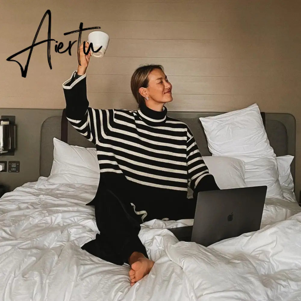 Winter Women’s Long Sleeves Knit Sweater Turtleneck Striped Print Loose Pullover Tops New Autumn Oversized Sweater Aiertu
