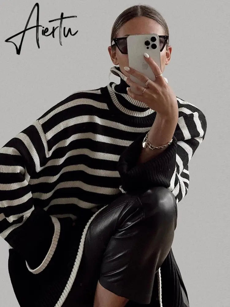 Winter Women’s Long Sleeves Knit Sweater Turtleneck Striped Print Loose Pullover Tops New Autumn Oversized Sweater Aiertu