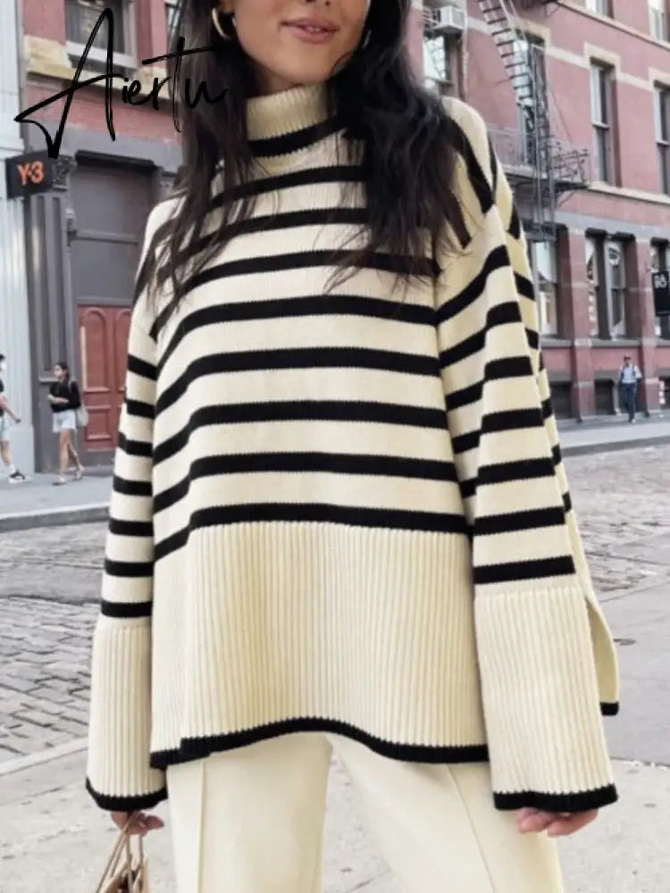Winter Women’s Long Sleeves Knit Sweater Turtleneck Striped Print Loose Pullover Tops New Autumn Oversized Sweater Aiertu