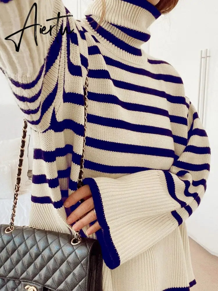 Winter Women’s Long Sleeves Knit Sweater Turtleneck Striped Print Loose Pullover Tops New Autumn Oversized Sweater Aiertu