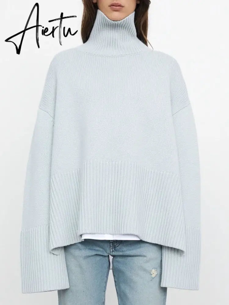 Winter Women’s Long Sleeves Knit Sweater Turtleneck Striped Print Loose Pullover Tops New Autumn Oversized Sweater Aiertu