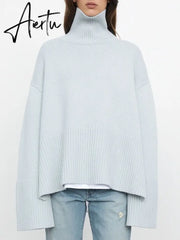 Winter Women’s Long Sleeves Knit Sweater Turtleneck Striped Print Loose Pullover Tops New Autumn Oversized Sweater Aiertu