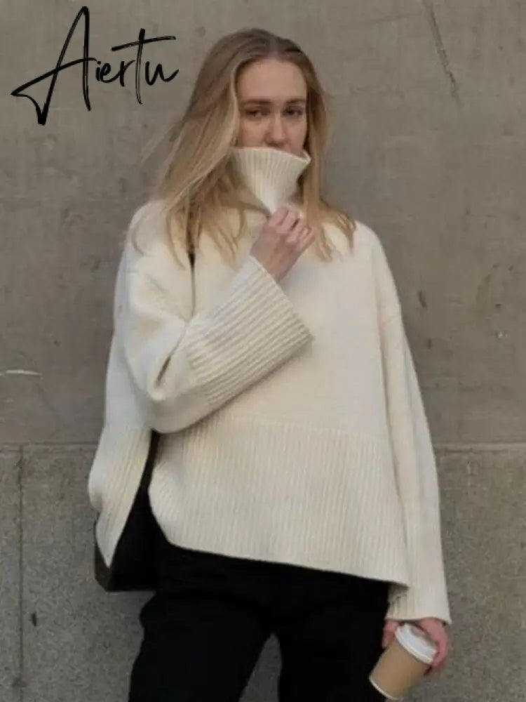 Winter Women’s Long Sleeves Knit Sweater Turtleneck Striped Print Loose Pullover Tops New Autumn Oversized Sweater Aiertu