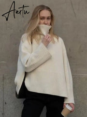 Winter Women’s Long Sleeves Knit Sweater Turtleneck Striped Print Loose Pullover Tops New Autumn Oversized Sweater Aiertu