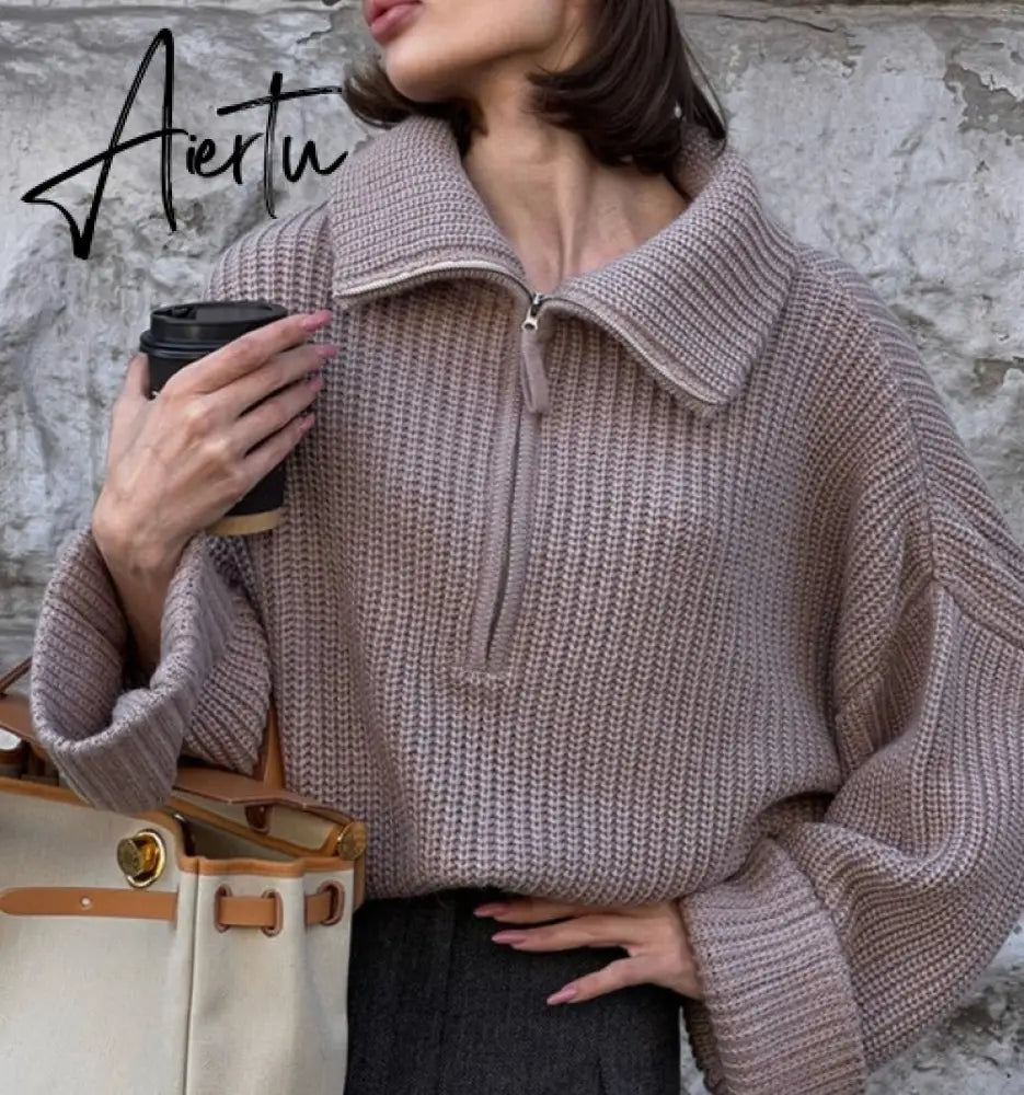 Winter Women's Turtleneck Sweaters Polo Collar With Zipper Knitted Pullover Female Loose Long Sleeve Top Warm Sweaters Aiertu