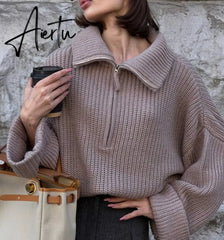 Winter Women's Turtleneck Sweaters Polo Collar With Zipper Knitted Pullover Female Loose Long Sleeve Top Warm Sweaters Aiertu