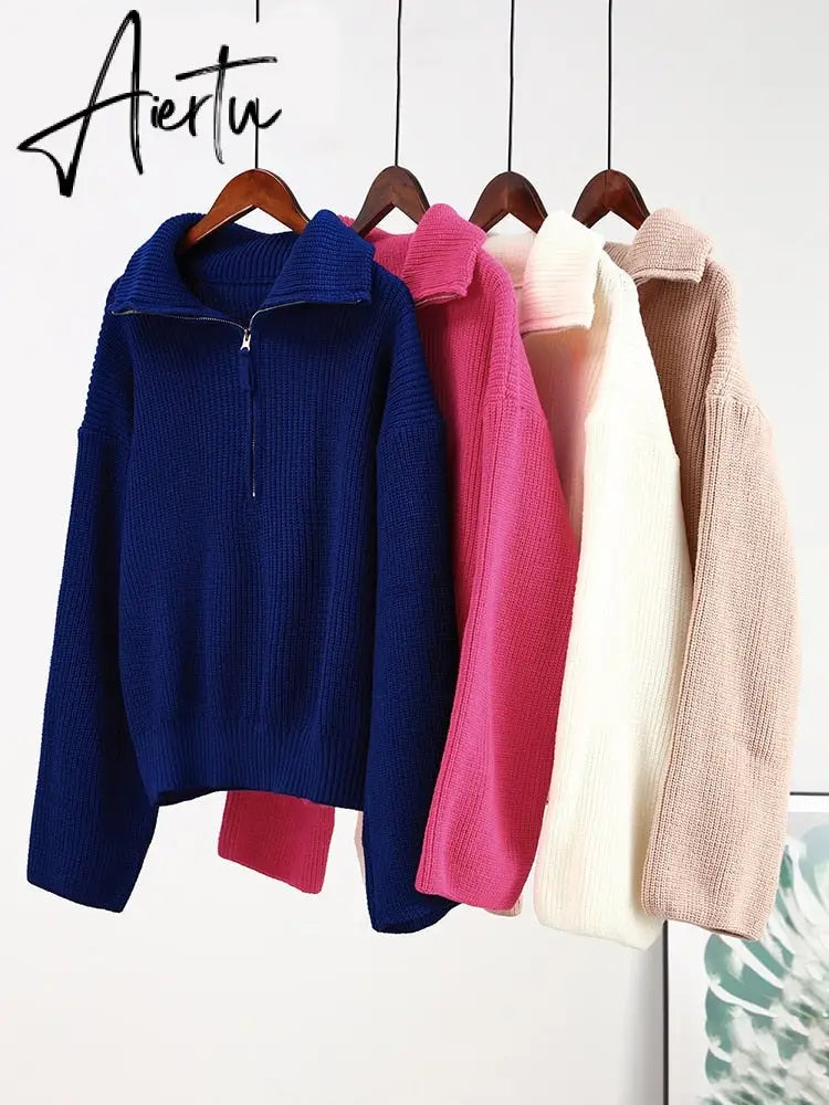 Winter Women's Turtleneck Sweaters Polo Collar With Zipper Knitted Pullover Female Loose Long Sleeve Top Warm Sweaters Aiertu