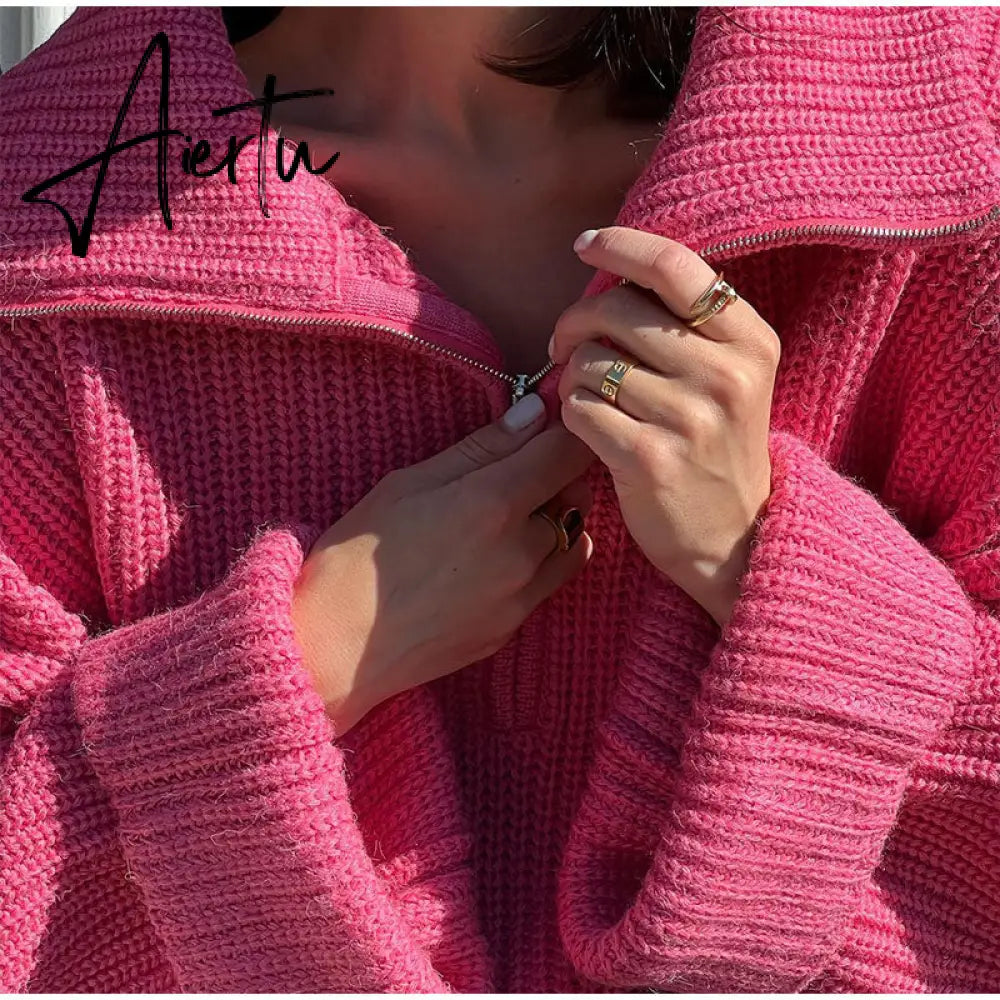 Winter Women's Turtleneck Sweaters Polo Collar With Zipper Knitted Pullover Female Loose Long Sleeve Top Warm Sweaters Aiertu