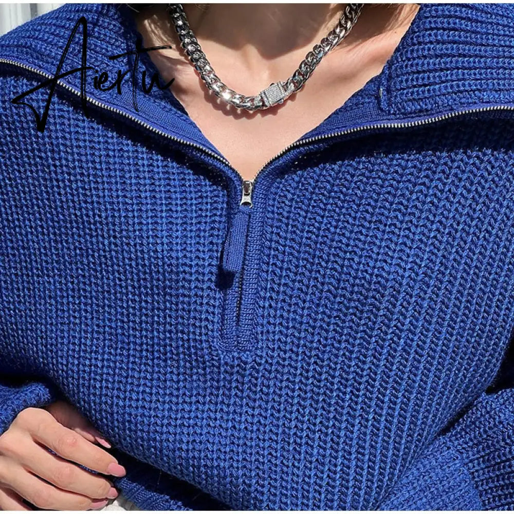 Winter Women's Turtleneck Sweaters Polo Collar With Zipper Knitted Pullover Female Loose Long Sleeve Top Warm Sweaters Aiertu