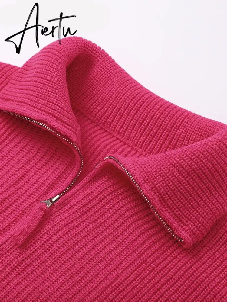 Winter Women's Turtleneck Sweaters Polo Collar With Zipper Knitted Pullover Female Loose Long Sleeve Top Warm Sweaters Aiertu