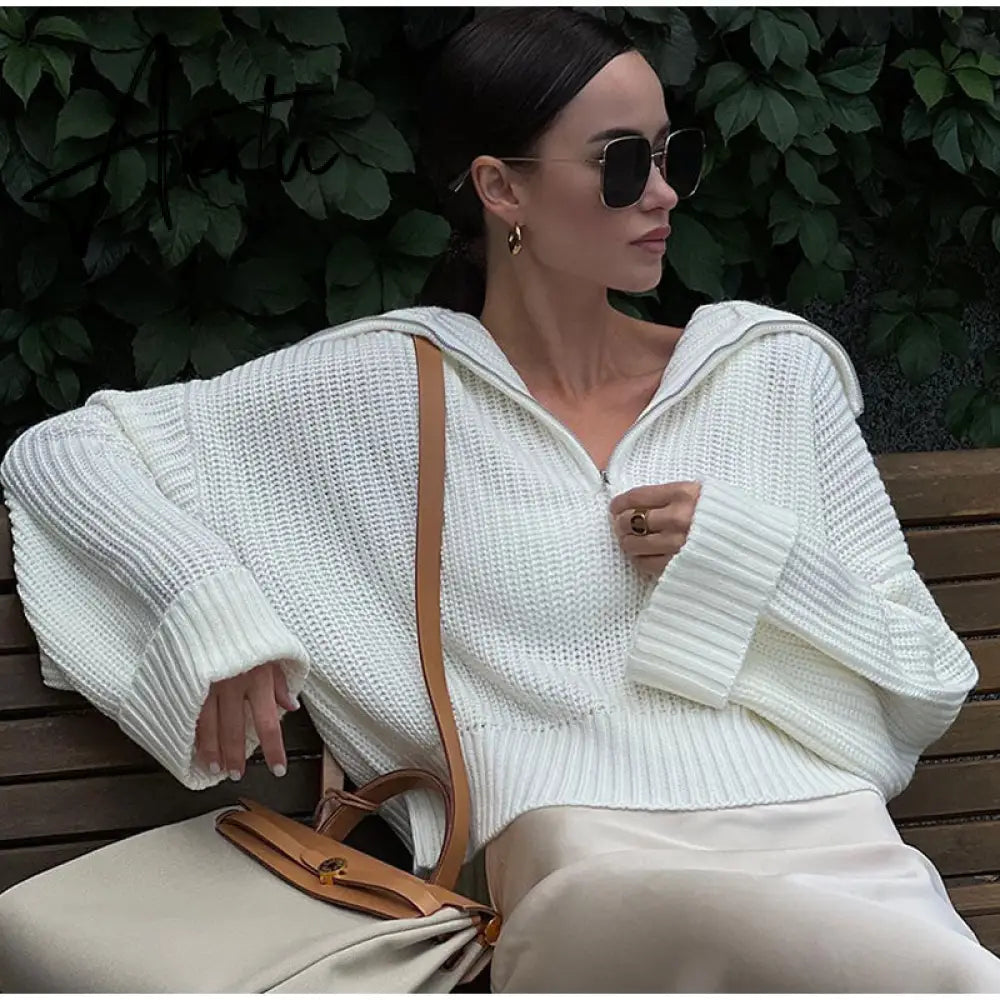 Winter Women's Turtleneck Sweaters Polo Collar With Zipper Knitted Pullover Female Loose Long Sleeve Top Warm Sweaters Aiertu