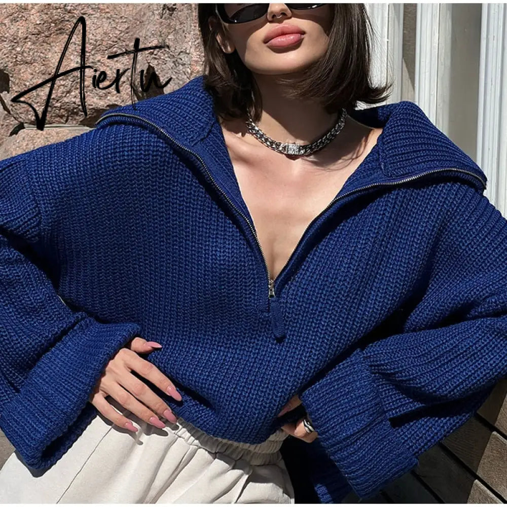 Winter Women's Turtleneck Sweaters Polo Collar With Zipper Knitted Pullover Female Loose Long Sleeve Top Warm Sweaters Aiertu