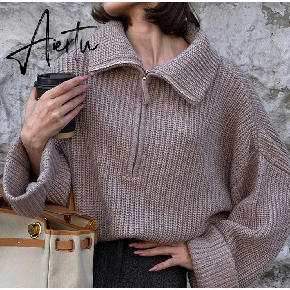 Winter Women's Turtleneck Sweaters Polo Collar With Zipper Knitted Pullover Female Loose Long Sleeve Top Warm Sweaters Aiertu
