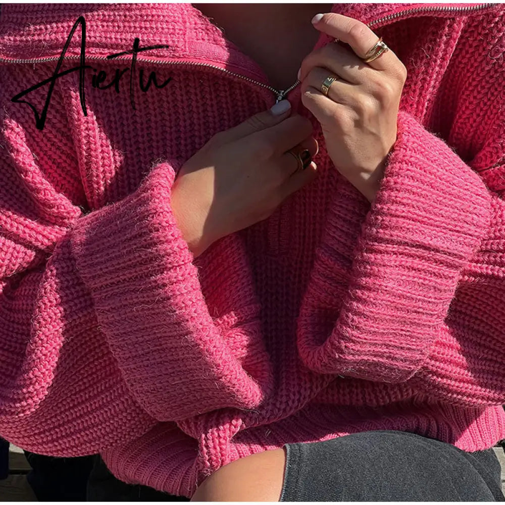Winter Women's Turtleneck Sweaters Polo Collar With Zipper Knitted Pullover Female Loose Long Sleeve Top Warm Sweaters Aiertu