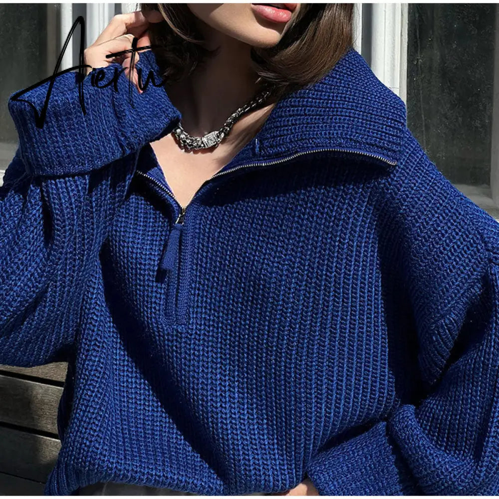 Winter Women's Turtleneck Sweaters Polo Collar With Zipper Knitted Pullover Female Loose Long Sleeve Top Warm Sweaters Aiertu