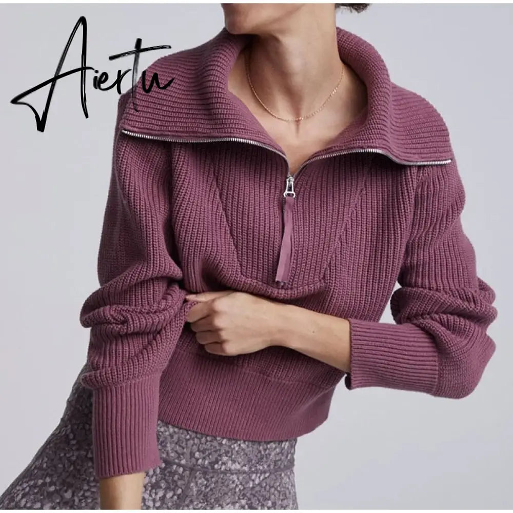 Winter Women's Turtleneck Sweaters Polo Collar With Zipper Knitted Pullover Female Loose Long Sleeve Top Warm Sweaters Aiertu