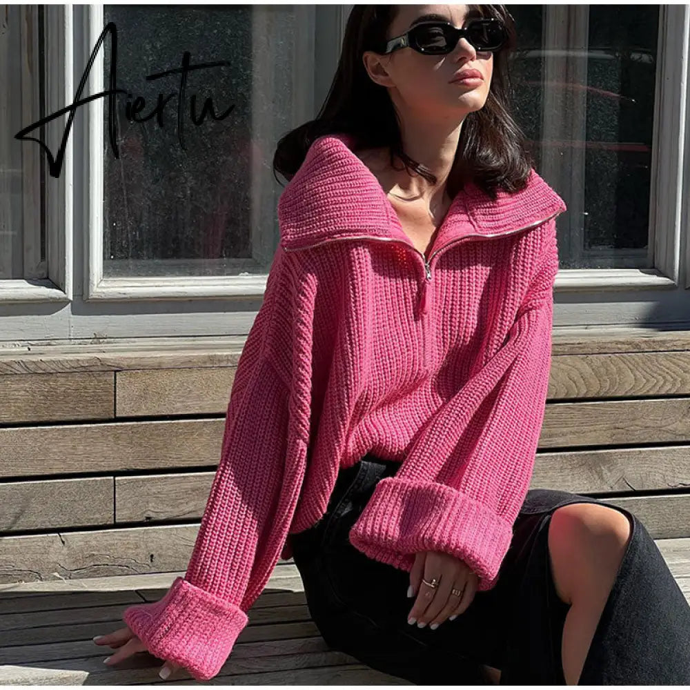 Winter Women's Turtleneck Sweaters Polo Collar With Zipper Knitted Pullover Female Loose Long Sleeve Top Warm Sweaters Aiertu