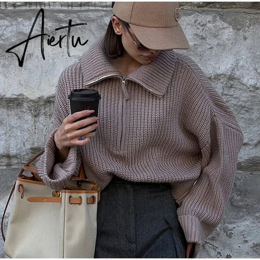 Winter Women's Turtleneck Sweaters Polo Collar With Zipper Knitted Pullover Female Loose Long Sleeve Top Warm Sweaters Aiertu