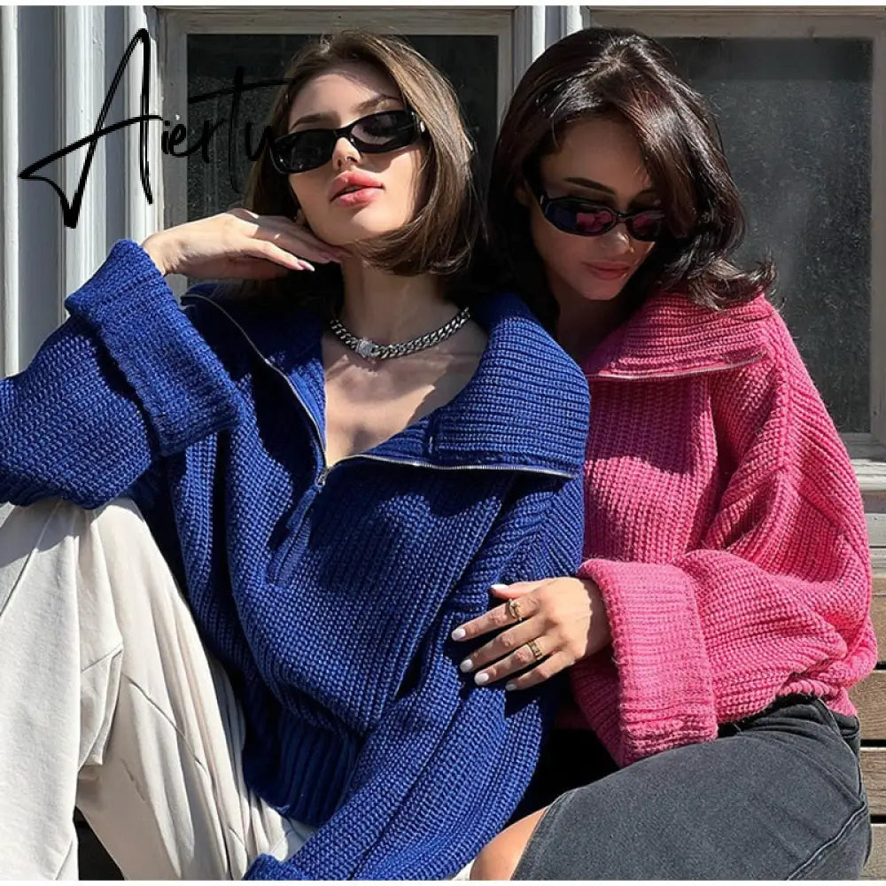 Winter Women's Turtleneck Sweaters Polo Collar With Zipper Knitted Pullover Female Loose Long Sleeve Top Warm Sweaters Aiertu