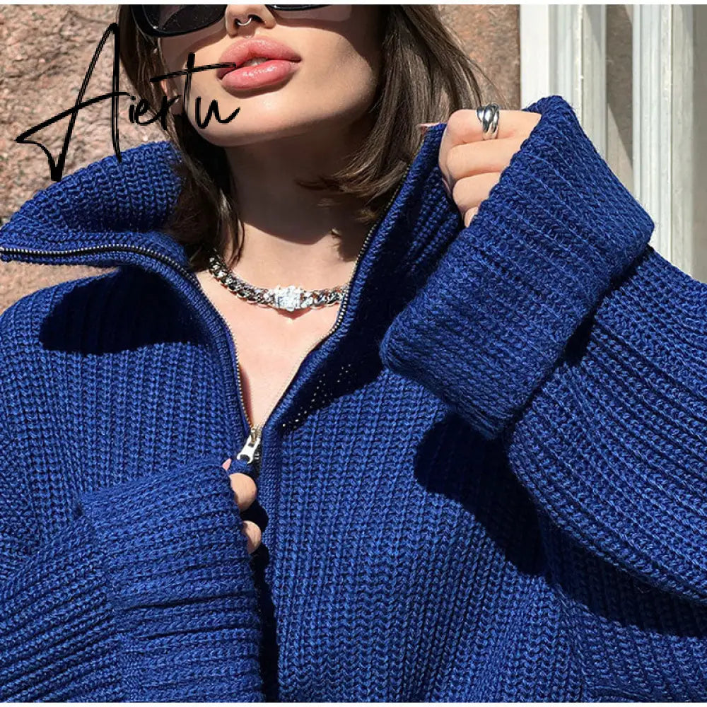 Winter Women's Turtleneck Sweaters Polo Collar With Zipper Knitted Pullover Female Loose Long Sleeve Top Warm Sweaters Aiertu