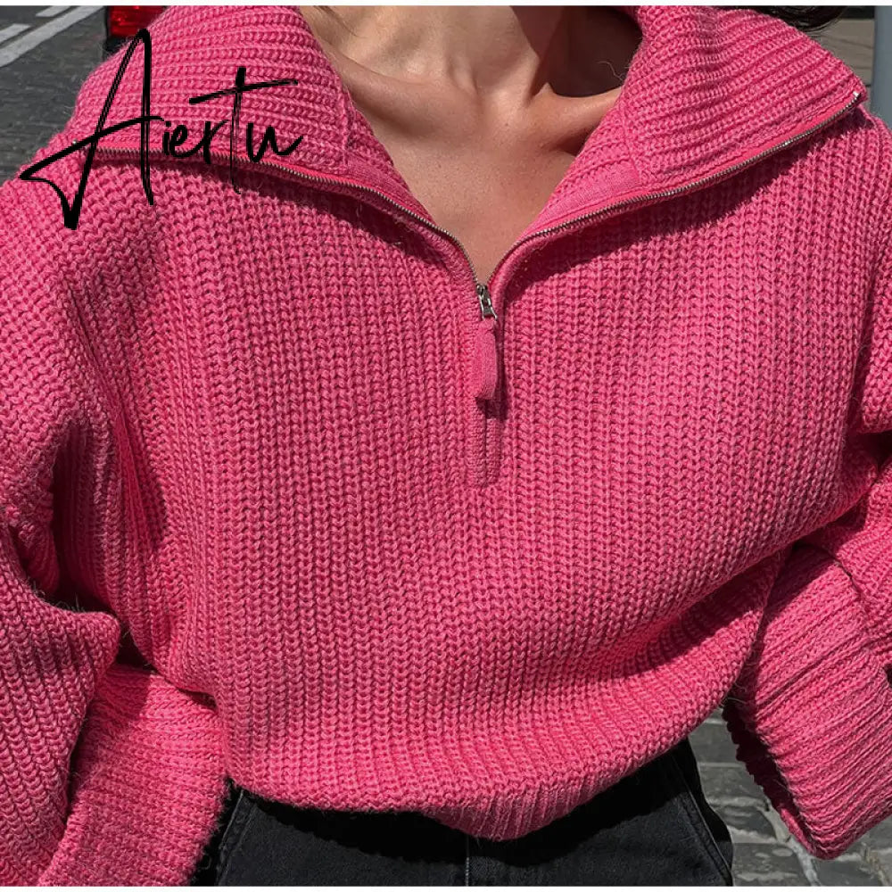 Winter Women's Turtleneck Sweaters Polo Collar With Zipper Knitted Pullover Female Loose Long Sleeve Top Warm Sweaters Aiertu