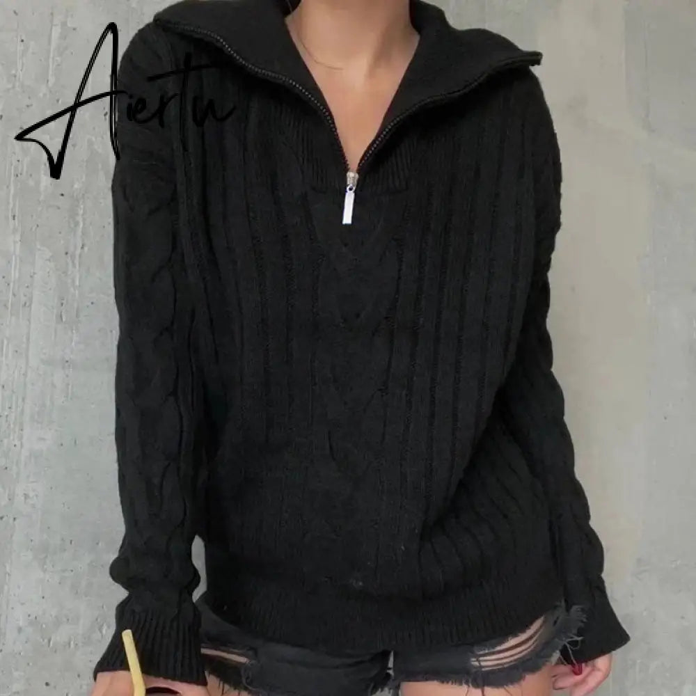 Winter Women's Turtleneck Sweaters Polo Collar With Zipper Knitted Pullover Female Loose Long Sleeve Top Warm Sweaters Aiertu