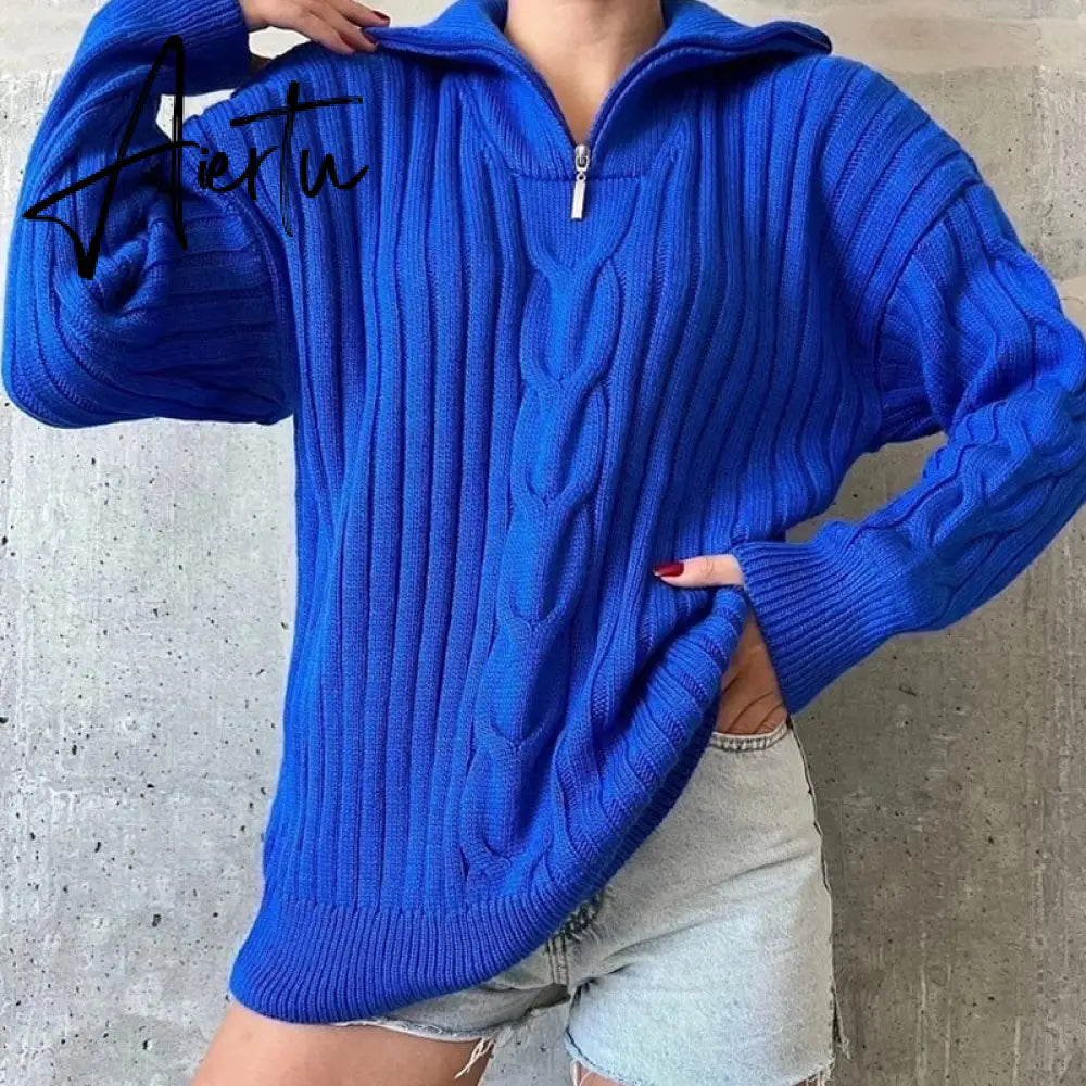 Winter Women's Turtleneck Sweaters Polo Collar With Zipper Knitted Pullover Female Loose Long Sleeve Top Warm Sweaters Aiertu