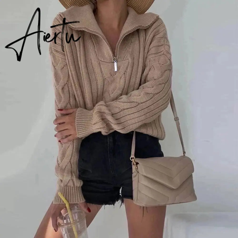 Winter Women's Turtleneck Sweaters Polo Collar With Zipper Knitted Pullover Female Loose Long Sleeve Top Warm Sweaters Aiertu