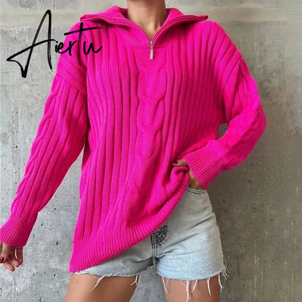 Winter Women's Turtleneck Sweaters Polo Collar With Zipper Knitted Pullover Female Loose Long Sleeve Top Warm Sweaters Aiertu
