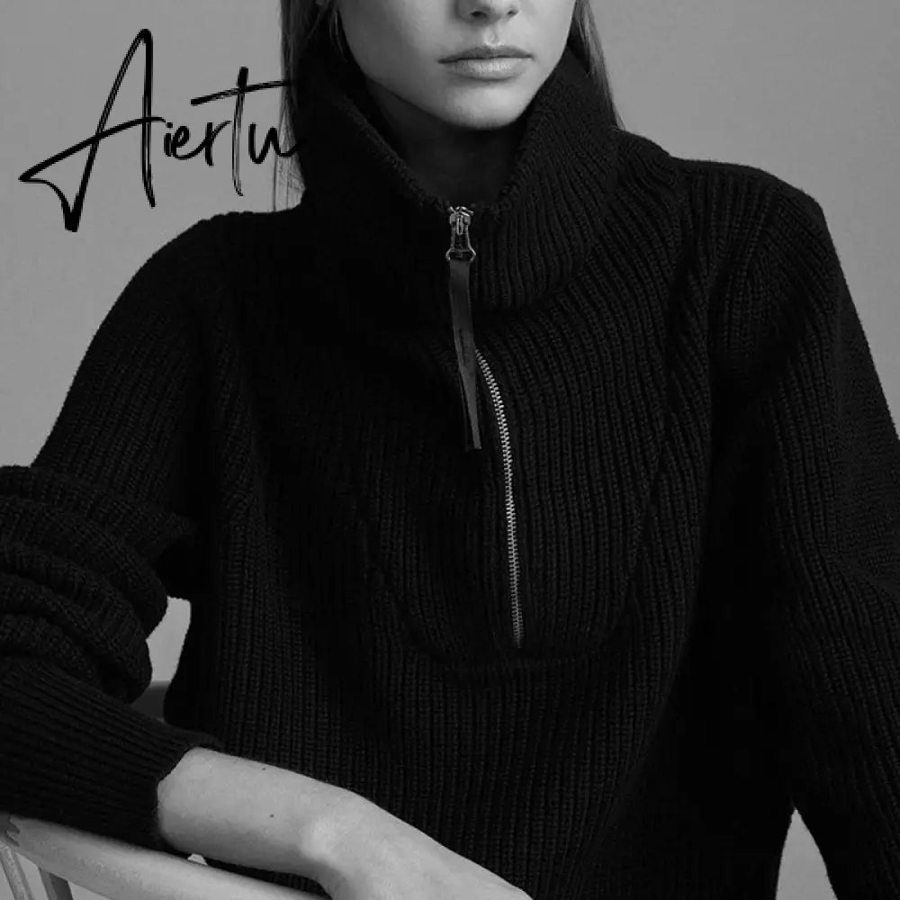 Winter Women's Turtleneck Sweaters Polo Collar With Zipper Knitted Pullover Female Loose Long Sleeve Top Warm Sweaters Aiertu