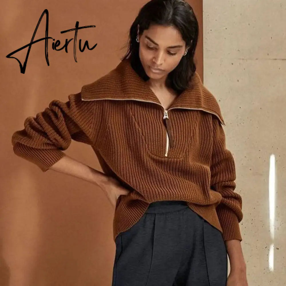 Winter Women's Turtleneck Sweaters Polo Collar With Zipper Knitted Pullover Female Loose Long Sleeve Top Warm Sweaters Aiertu